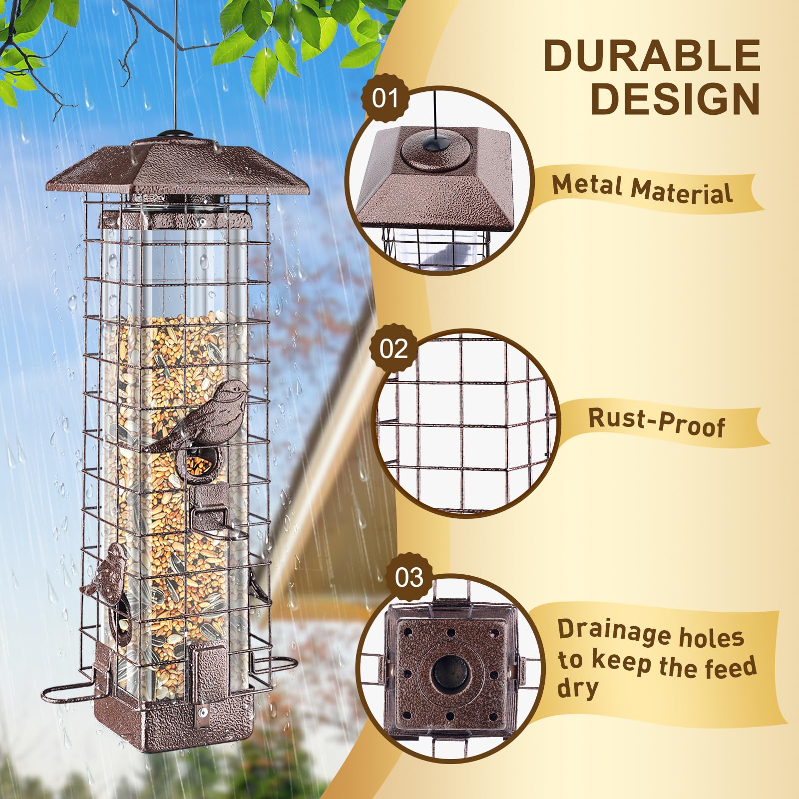 ReTang weatherproof feeder endures rain, snow, and sun while staying sturdy.