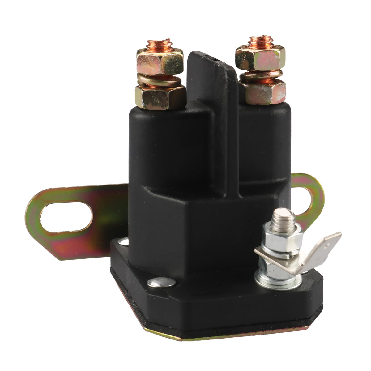 Retepif lawn mower starter solenoid front view highlights durable plastic housing and copper contacts.