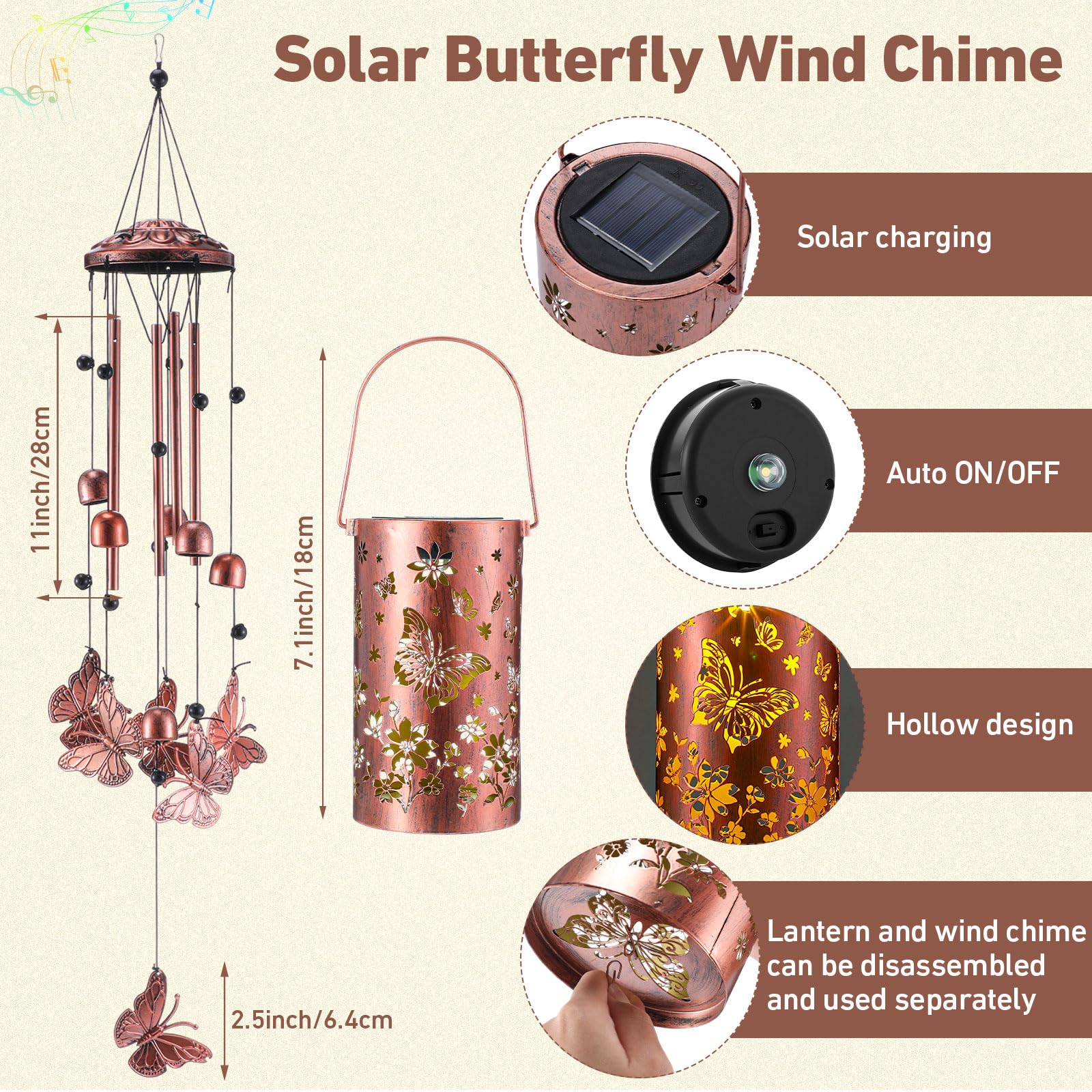 Retisee bronze metal butterfly wind chime close-up showcases openwork detail and durable construction.