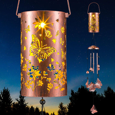 Retisee butterfly solar wind chime outdoors adds ambient light and gentle melody.