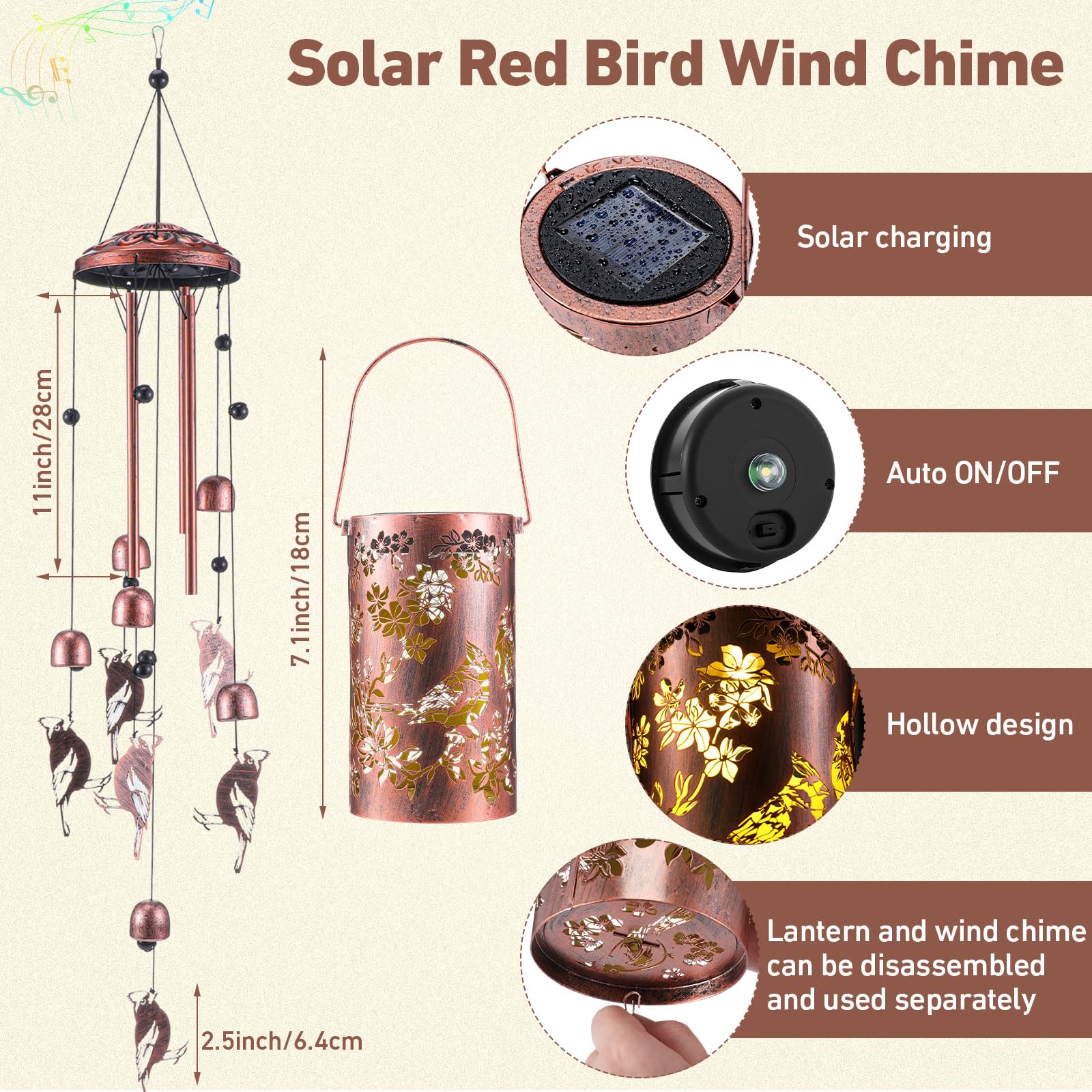 Retisee Cardinal solar wind chime pendant features a cardinal silhouette for charm.