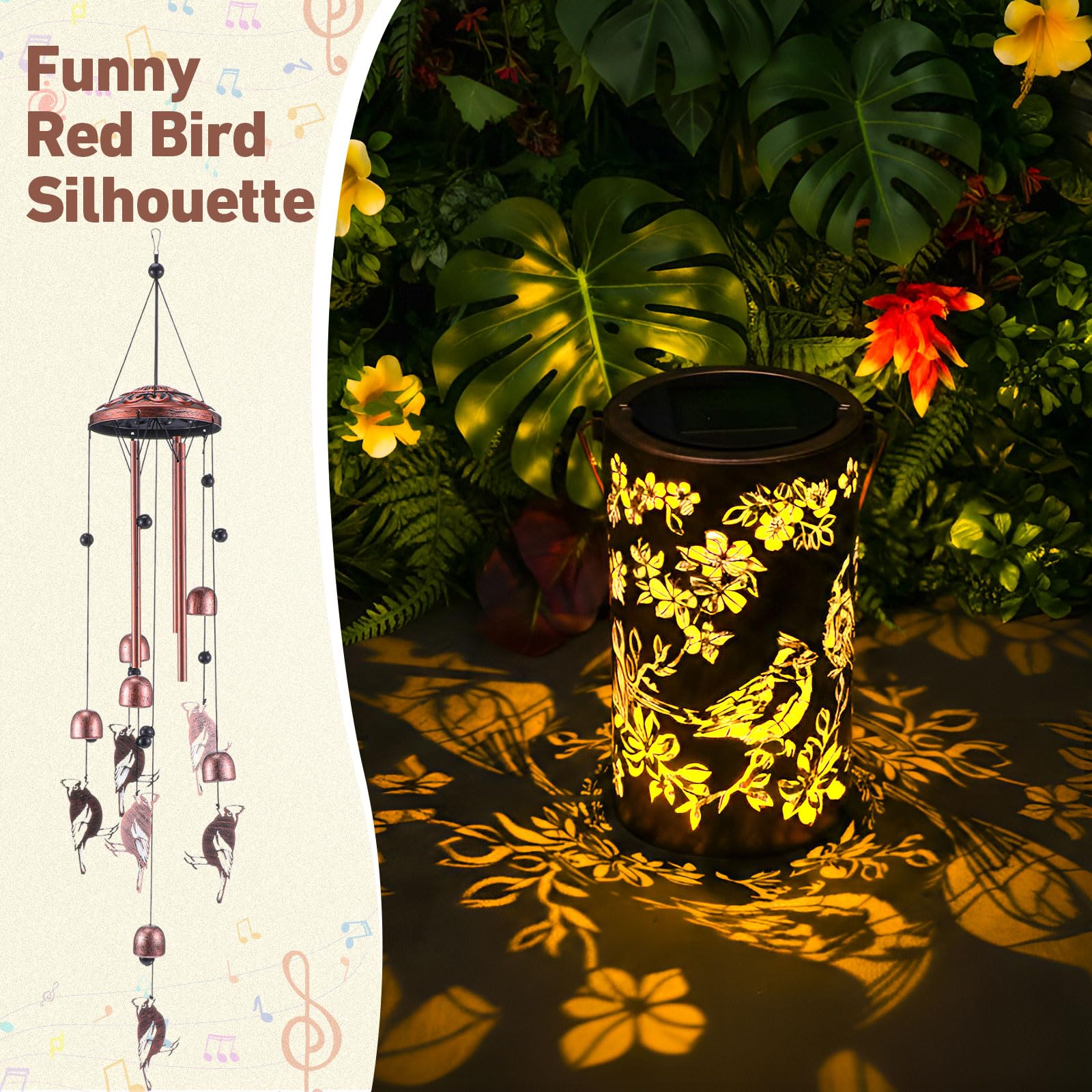 Retisee Cardinal solar wind chime close-up shows bronze metalwork catching sunlight.
