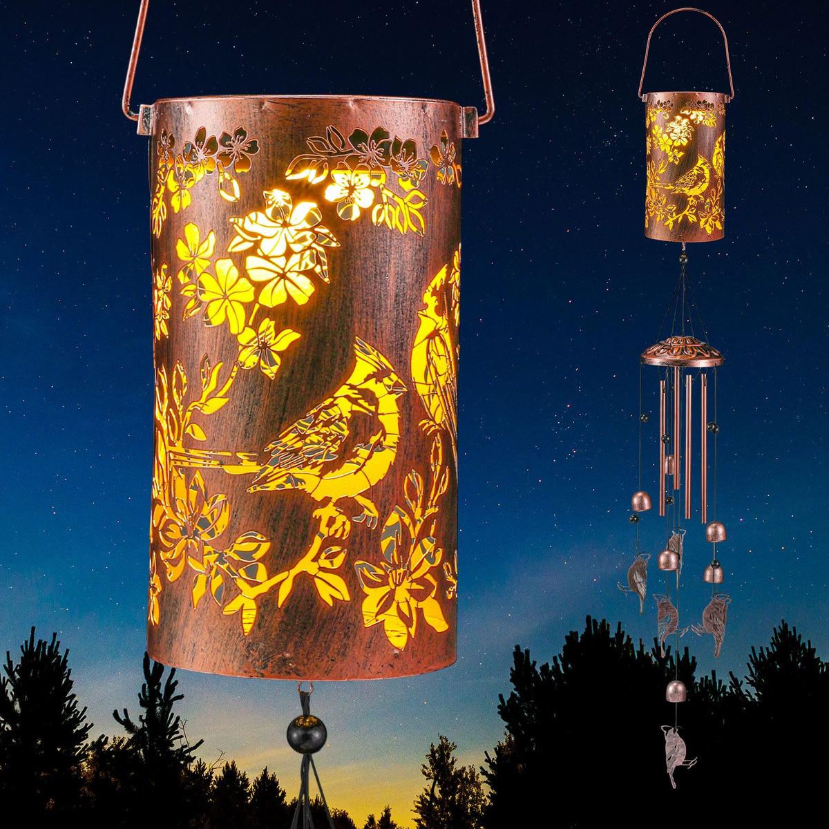 Retisee Cardinal solar wind chime outdoors glows at night for cozy garden ambience.