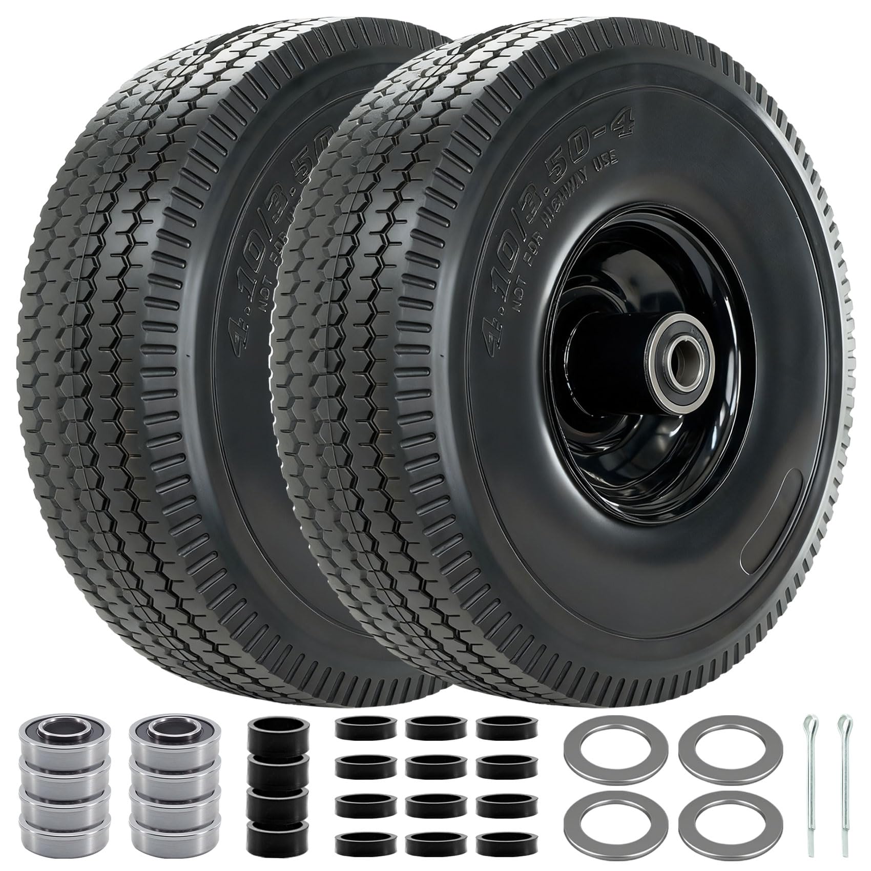 RETOTLA 4.10/3.50-4 tire and wheel pair with flat-free design for carts and dollies.