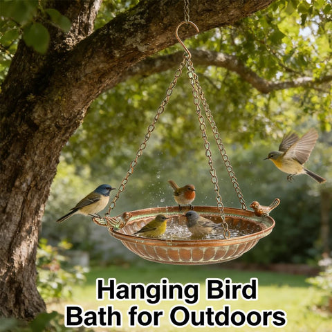 Retrome garden setup showing the bath hanging in sun and shade for balanced light.