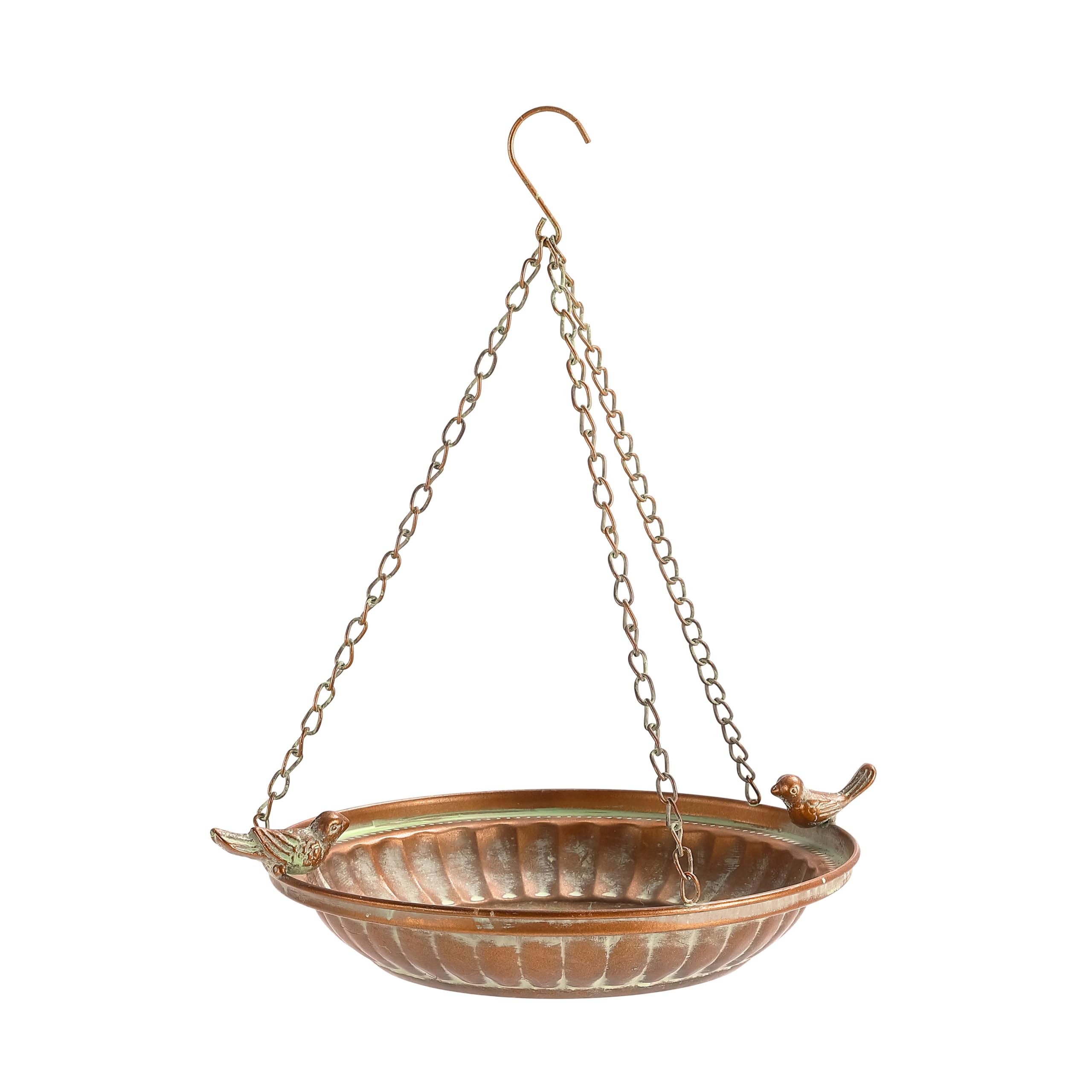 Retrome hanging bird bath outdoors with copper basin, ideal for attracting birds in your garden.