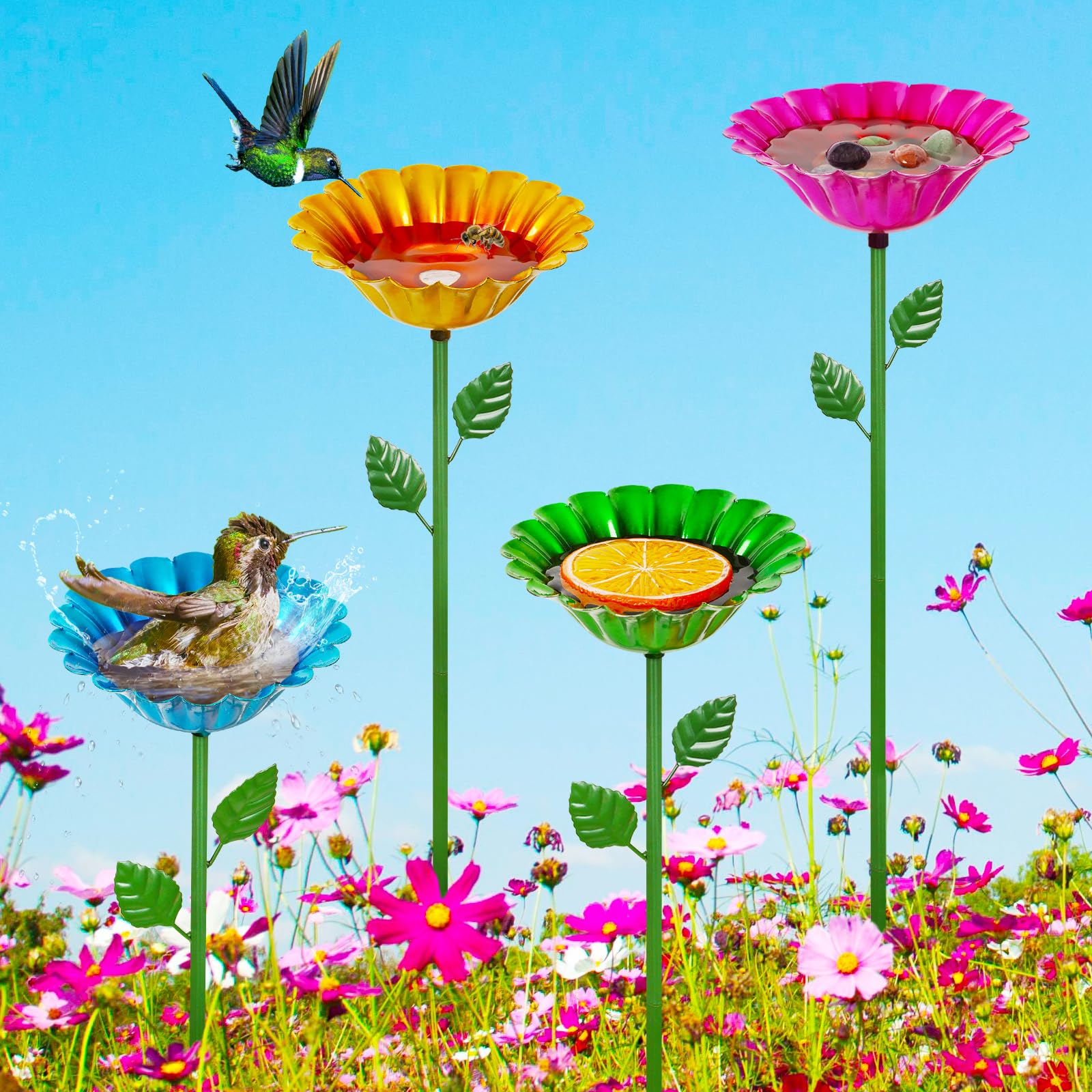 Retyion bee watering station with flower design attracts pollinators in garden.