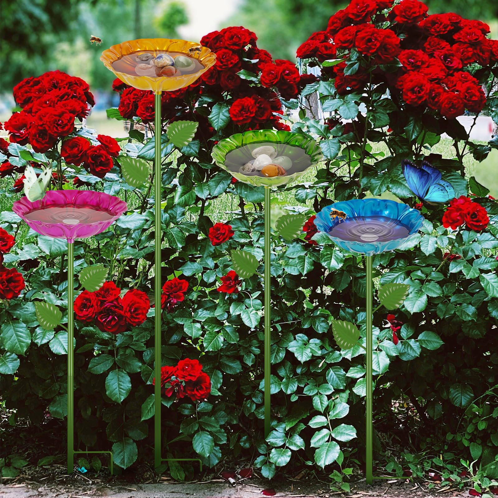 Retyion bee watering station garden stake installed among plants
