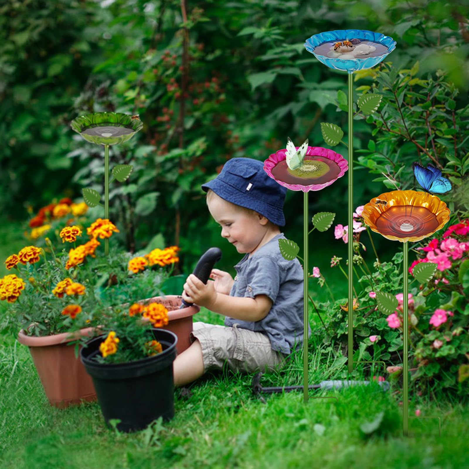 Retyion bee watering station blue heart-flower decorates yards for butterflies
