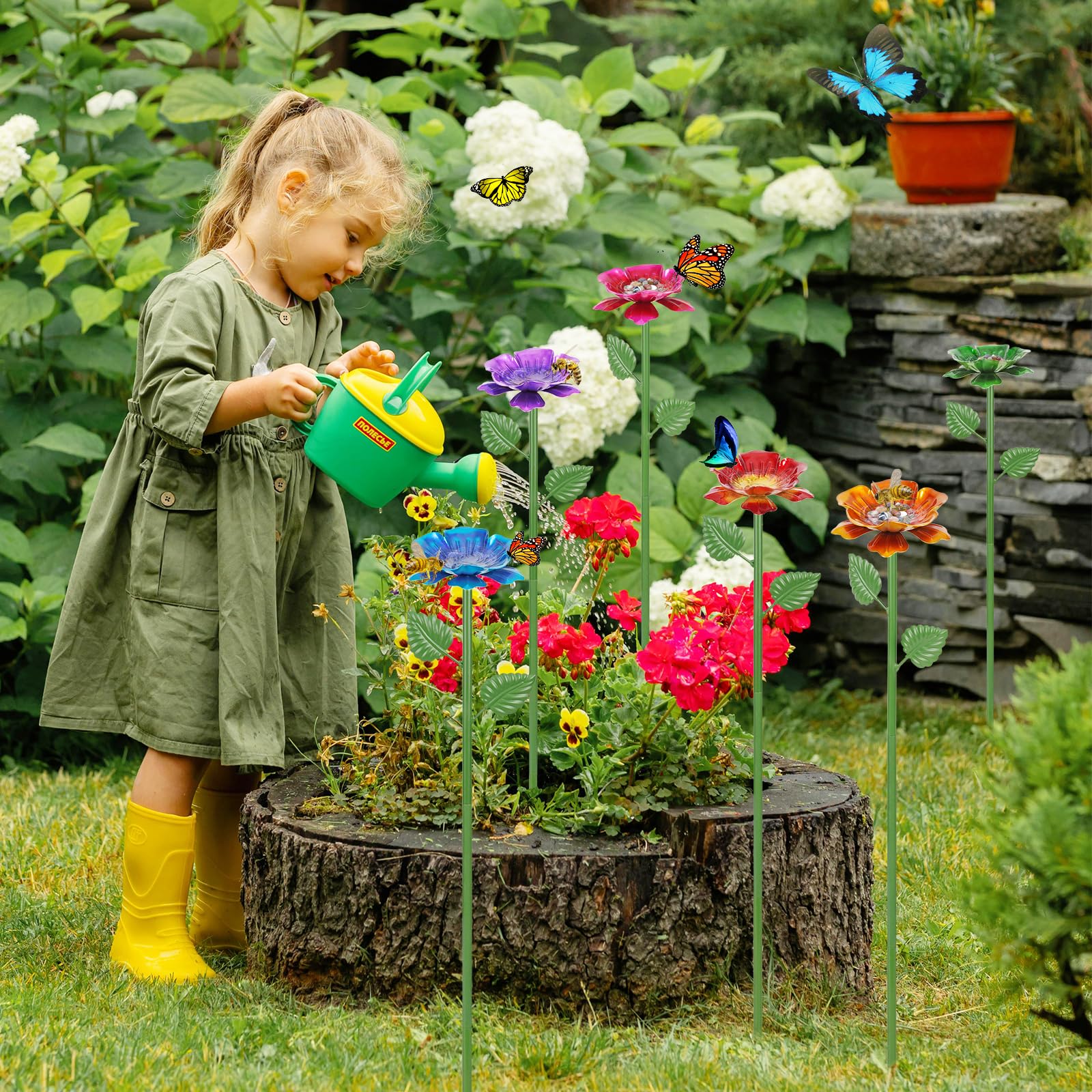 Retyion bee watering station with red flower enhances yard decor while feeding bees