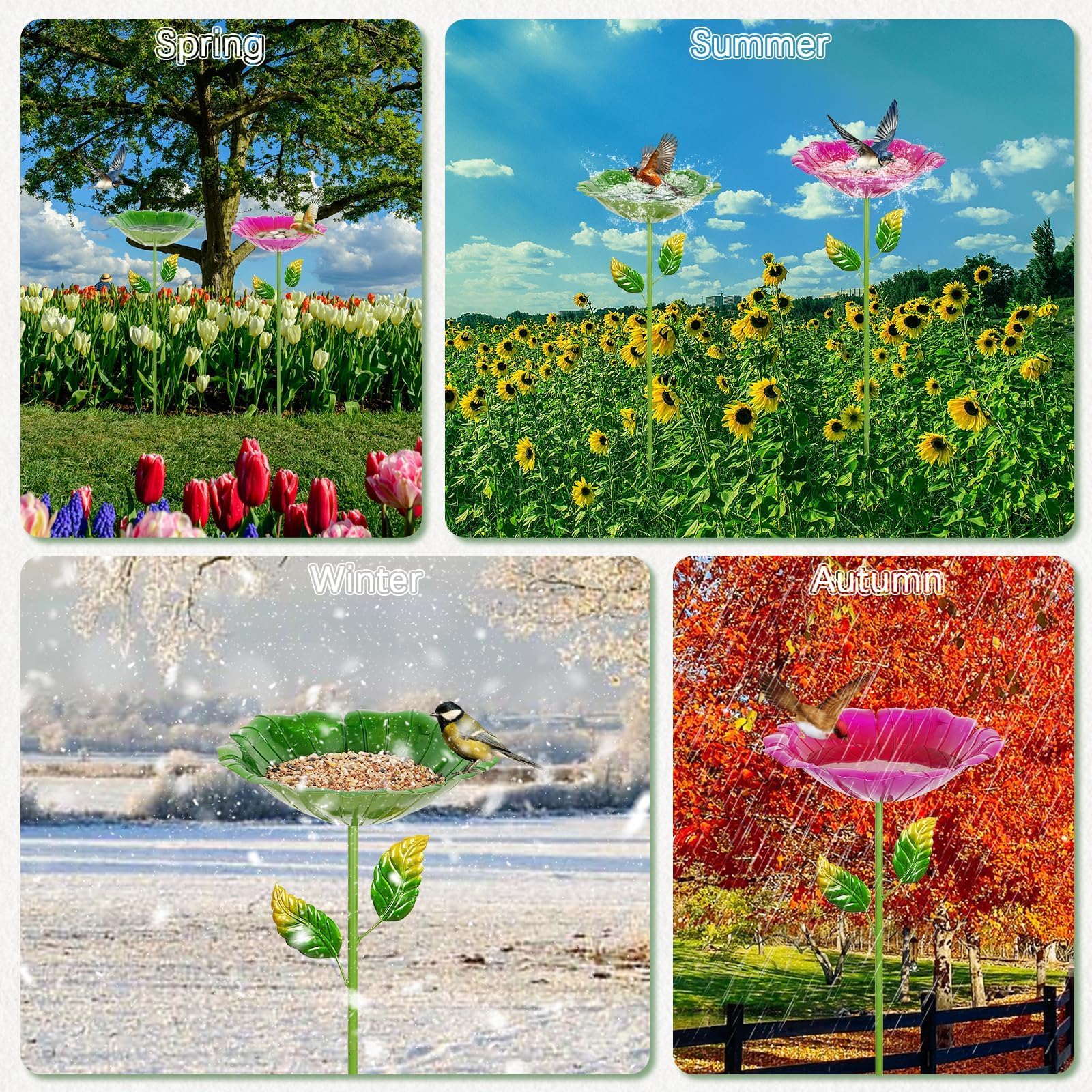 Retyion flower bird bath with five-stakes for stable placement.