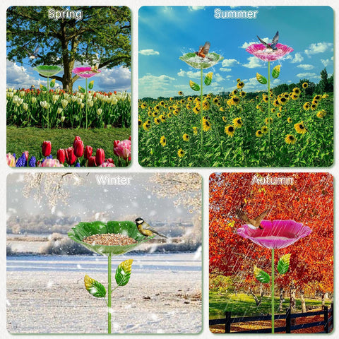 Retyion flower bird bath with five-stakes for stable placement.