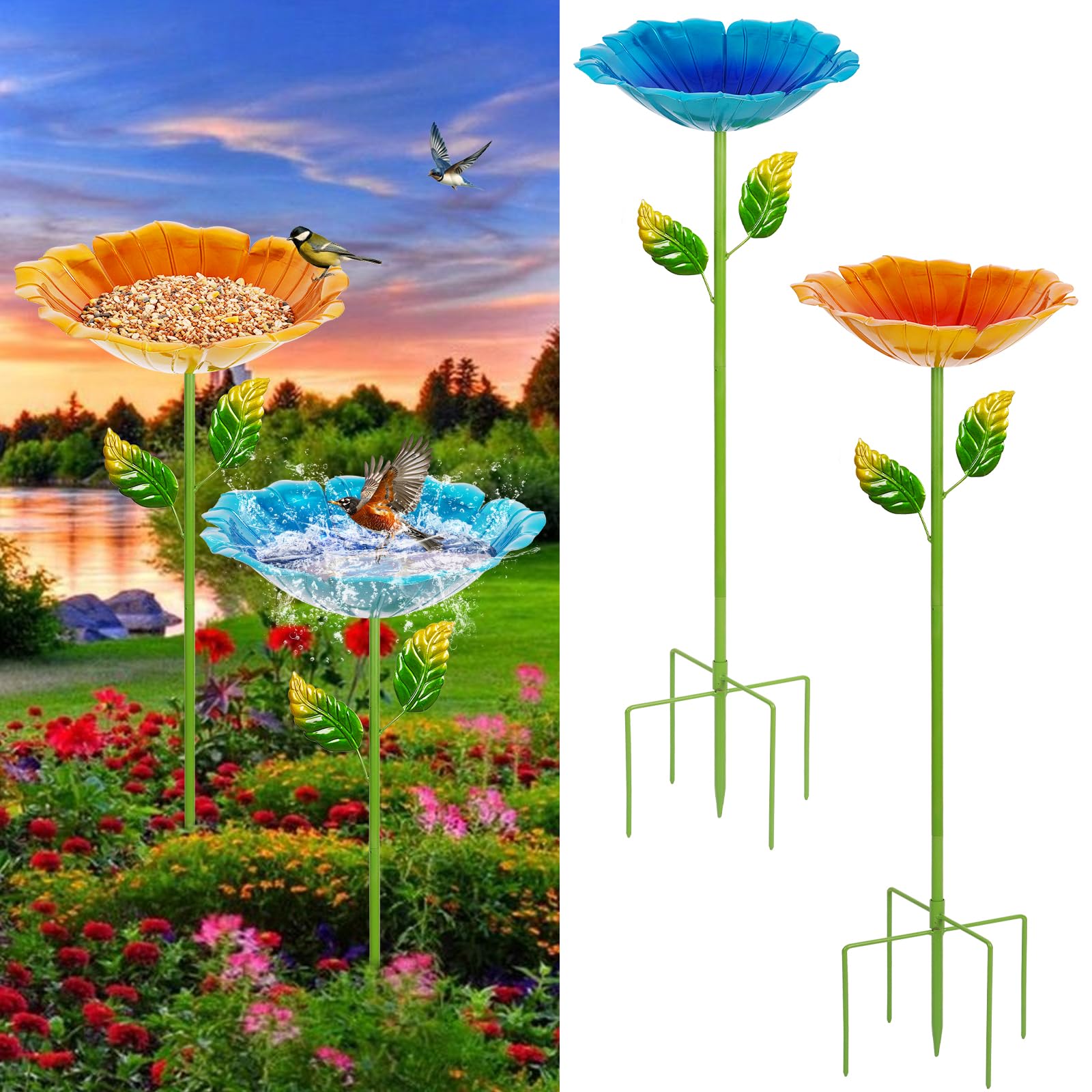 Retyion flower-design bird bath in blue and yellow enhances garden decor.
