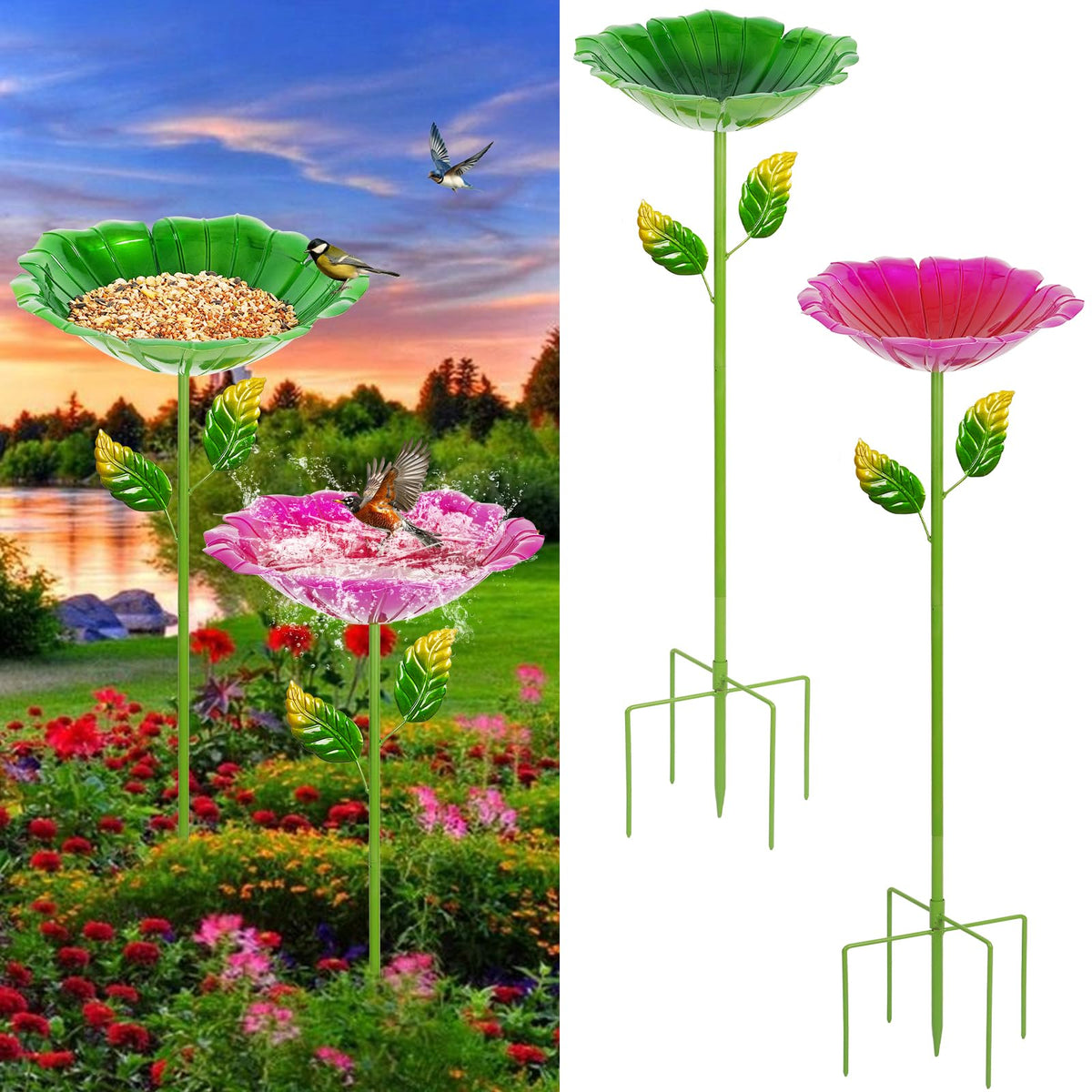Retyion flower bird bath in red and green, front view, vibrant garden decor.