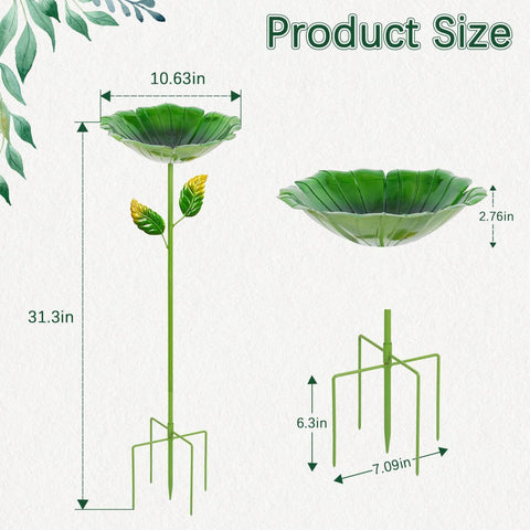 Retyion flower bird bath red-green side view, sturdy metal design withstands outdoor weather.