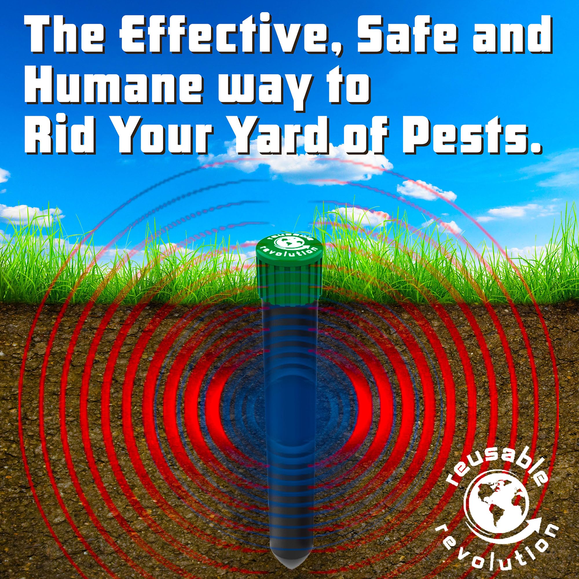 Reusable Revolution Mole Chaser covers up to 8,000 sq ft per stake