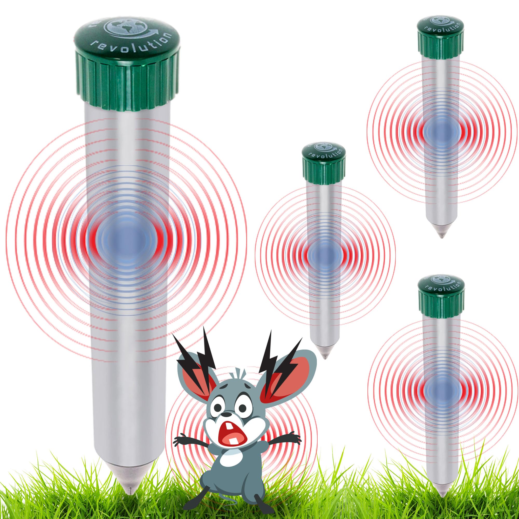 Reusable Revolution Sonic Mole Chaser 4-pack stake setup deters burrowing pests across lawns