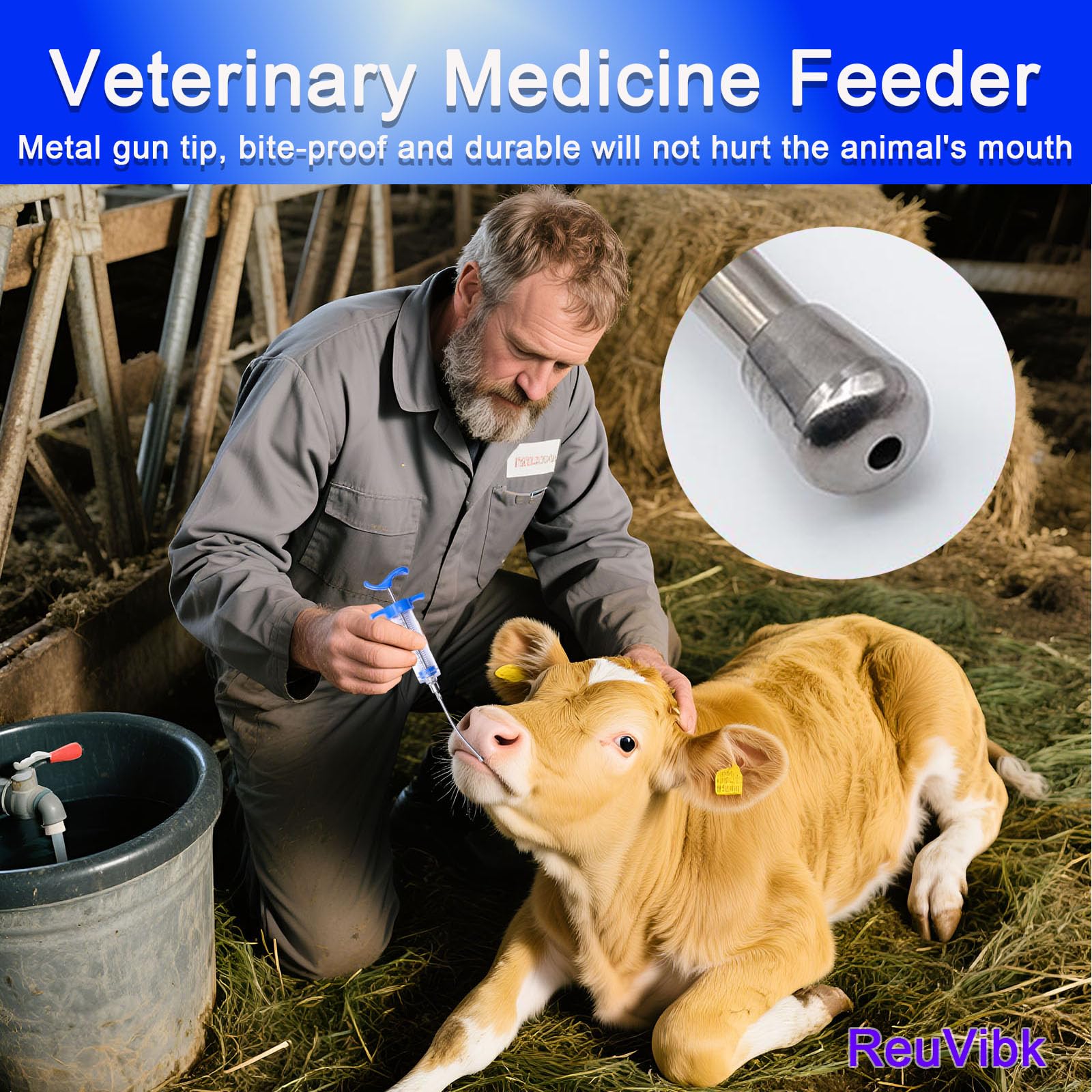 ReuVibk drench nozzle focuses liquid directly to animals' throat for efficient dosing.
