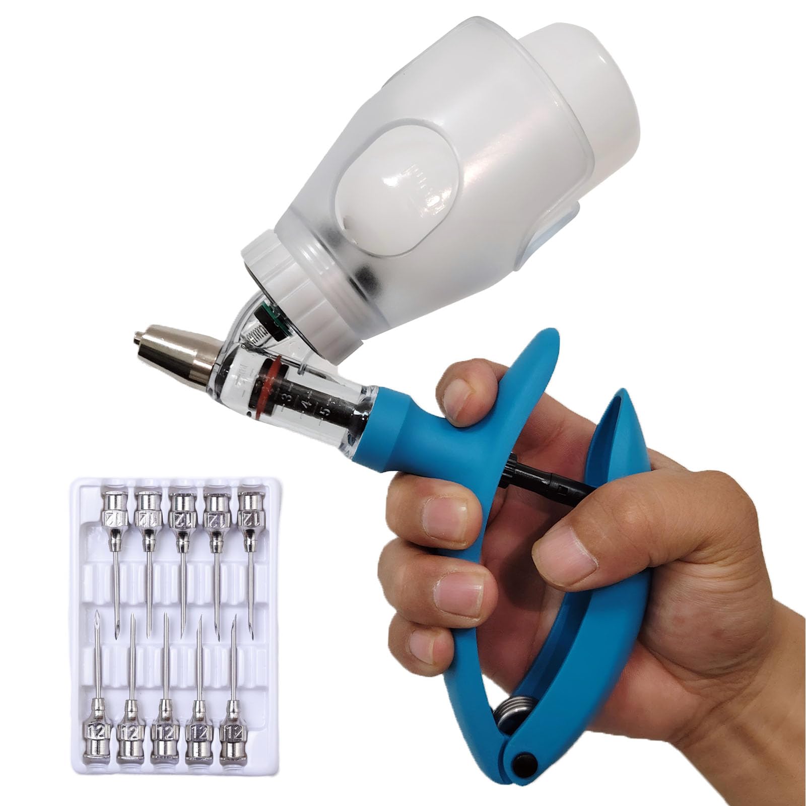 ReuVibk livestock syringe gun with bottle attachment enables efficient vaccination workflow.