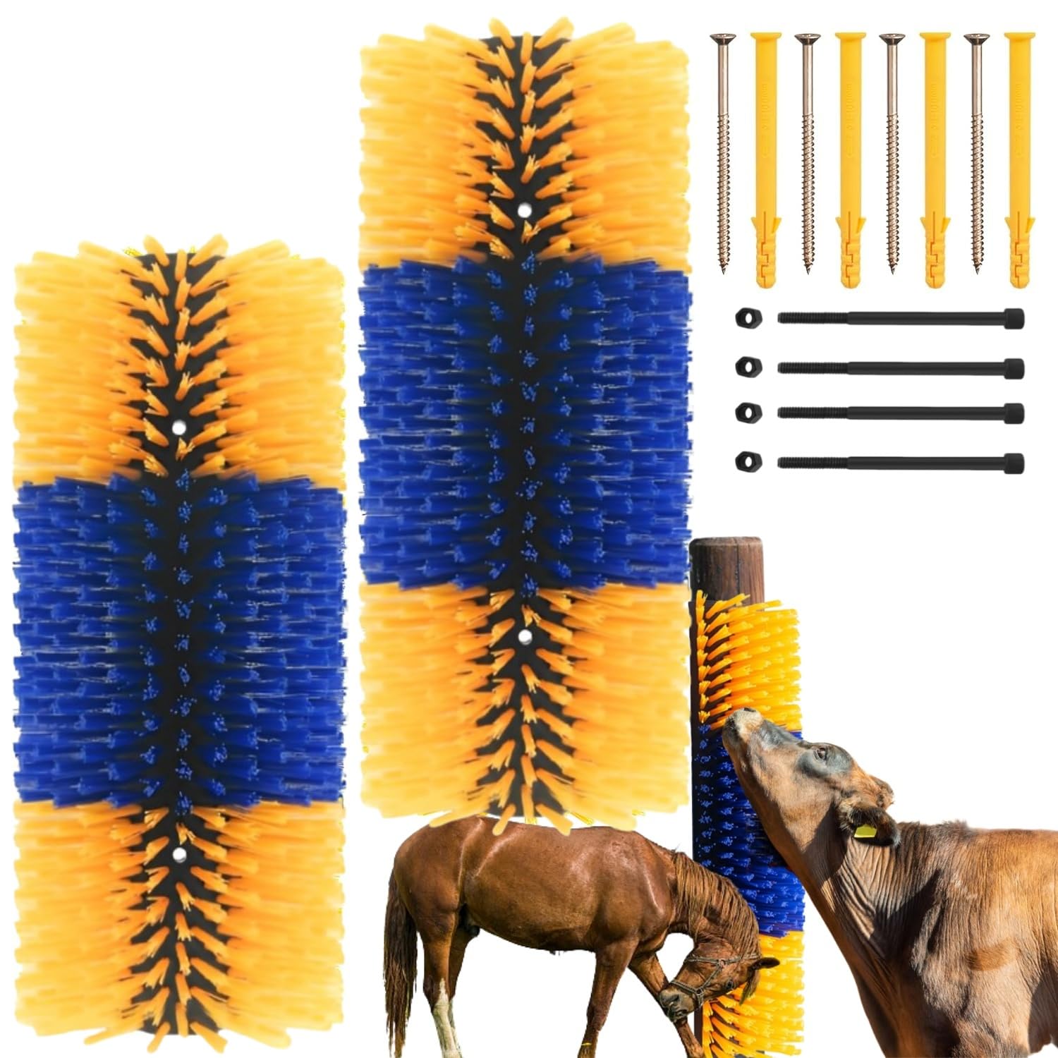 REVAXUP livestock scratching brush mounted on a fence for easy self-grooming.
