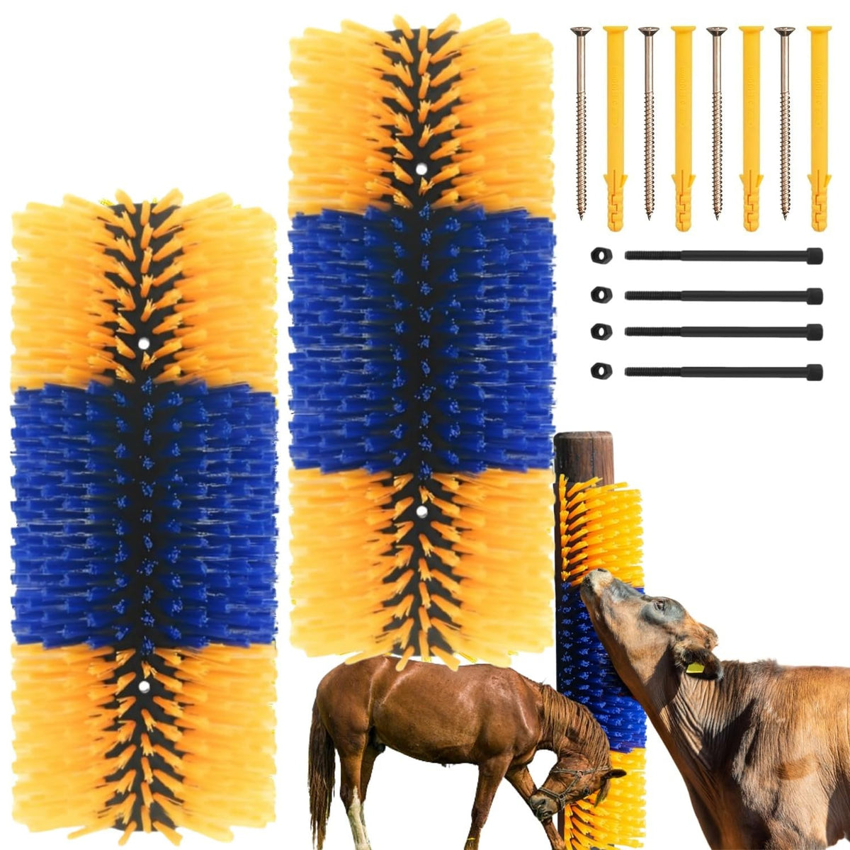 REVAXUP livestock scratching brush mounted on a fence for easy self-grooming.