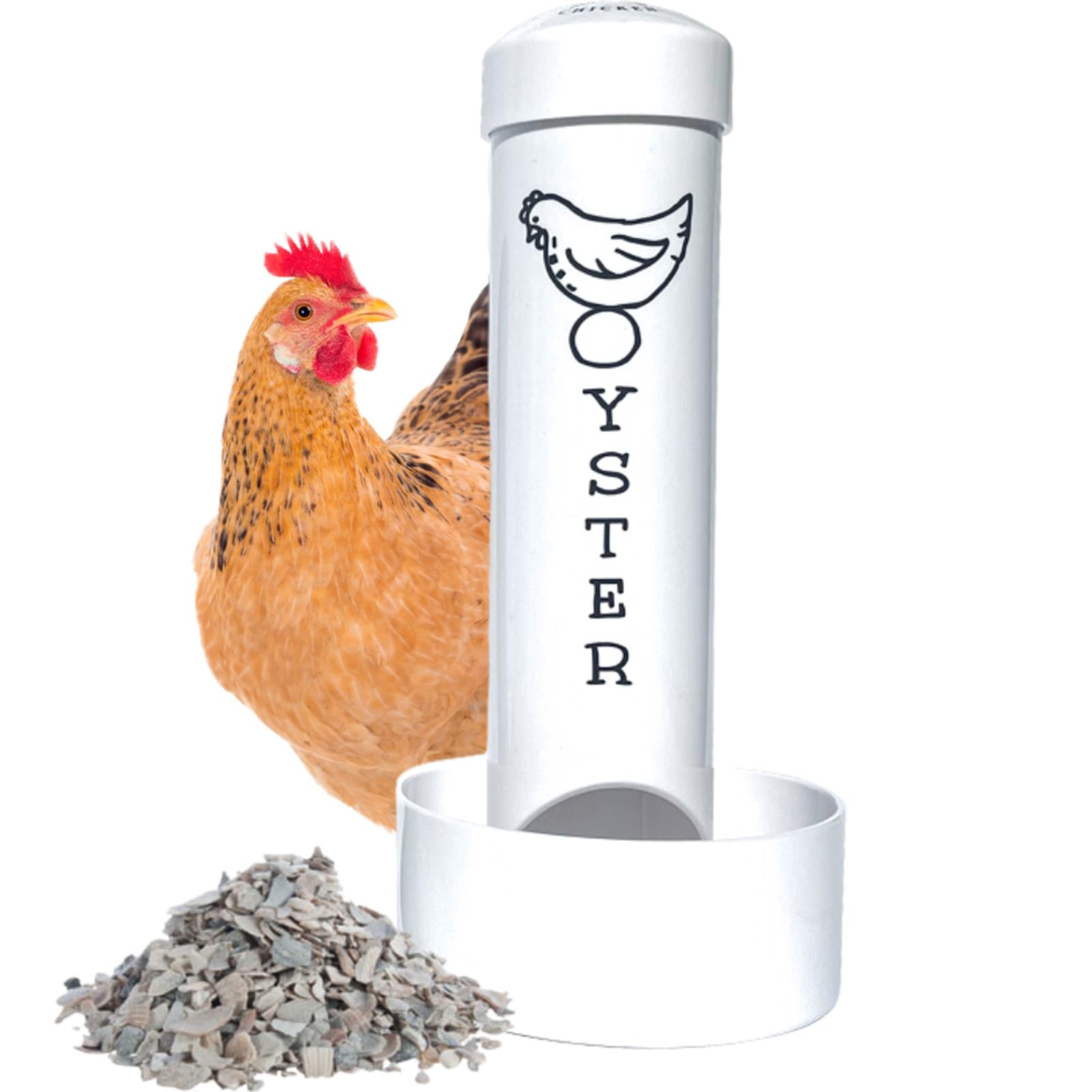 Revolutionary Chicken Oyster Shell Feeder mounted in the coop for easy calcium access.