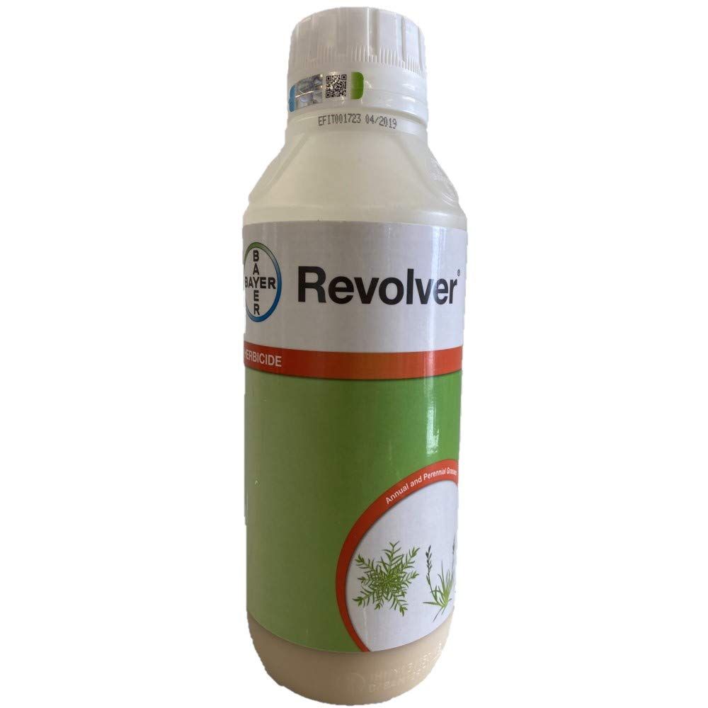 Revolver herbicide bottle overview for post-emergent weed control on bermudagrass greens.