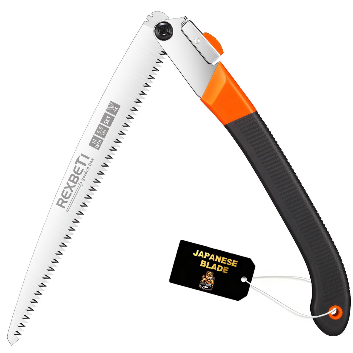 REXBETI folding saw with extended 14-inch blade for fast outdoor cuts.