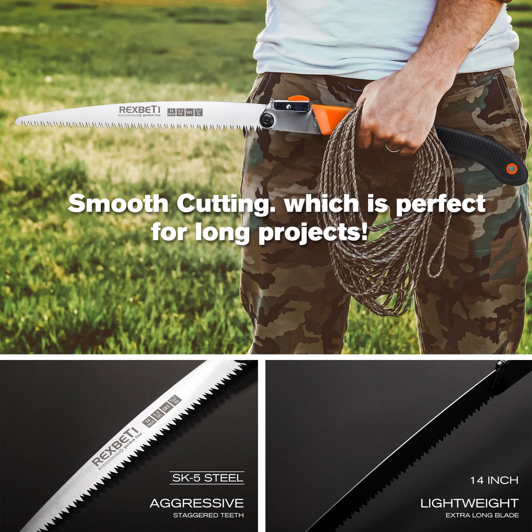 REXBETI folding saw folded for compact, travel-ready storage.