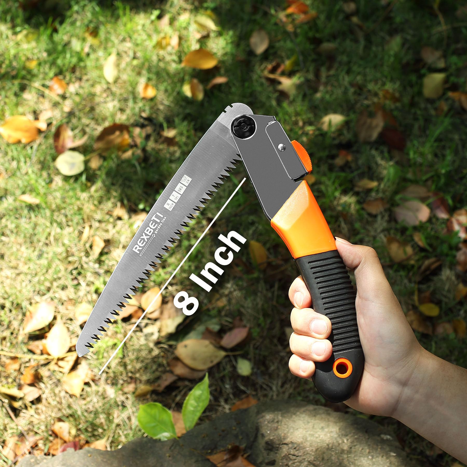 REXBETI folding saw rubber grip handle offers secure control in all weather.