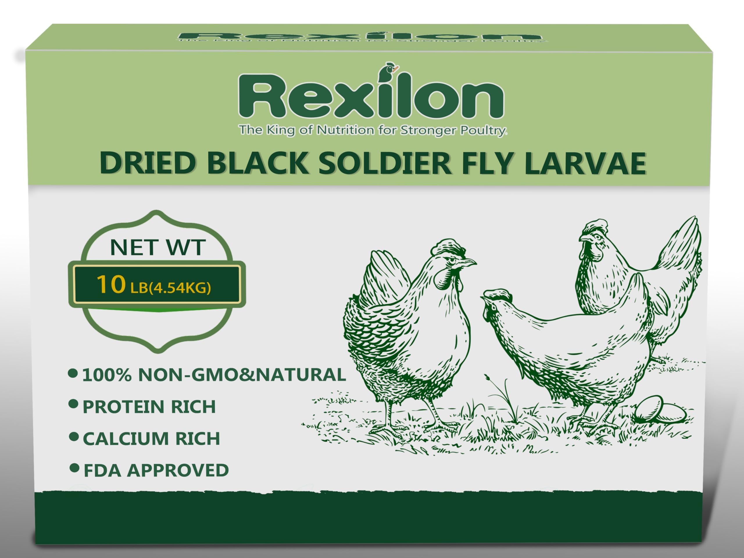 Rexilon dried BSF larvae packaging shown, delivering a pure natural protein boost for poultry.
