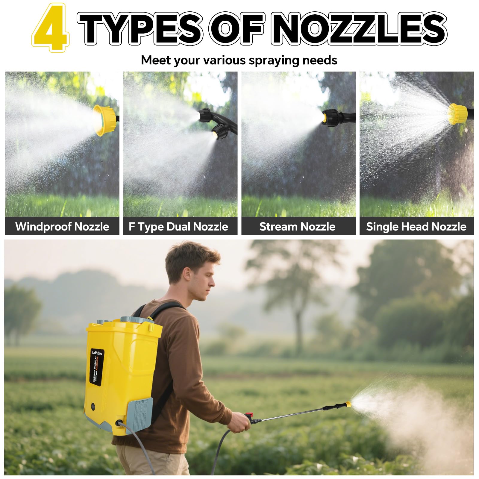 RexLeLXB battery powered sprayer in use over a lawn.
