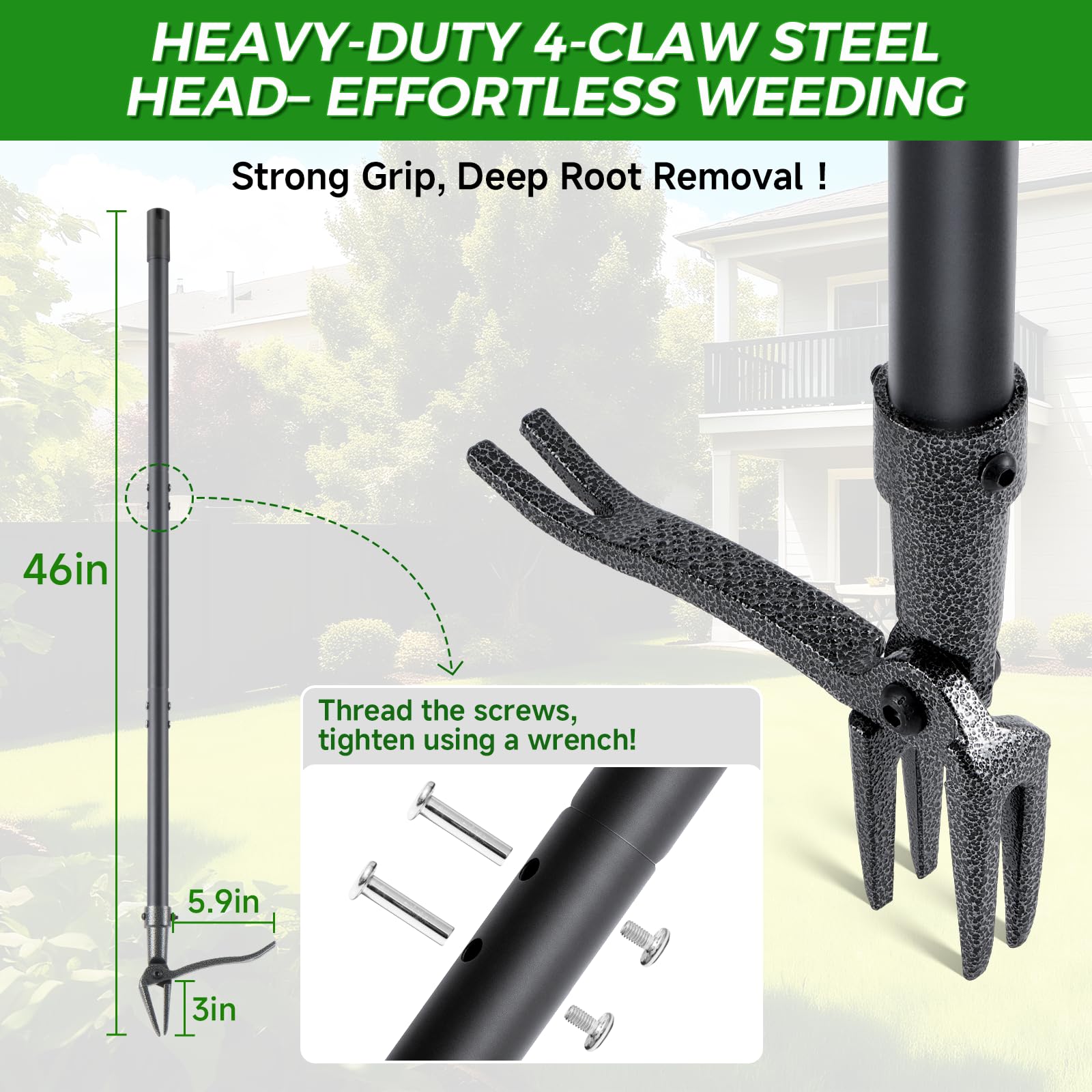 RexWeed’s 4-claw steel head grips deep roots for cleaner pulls.