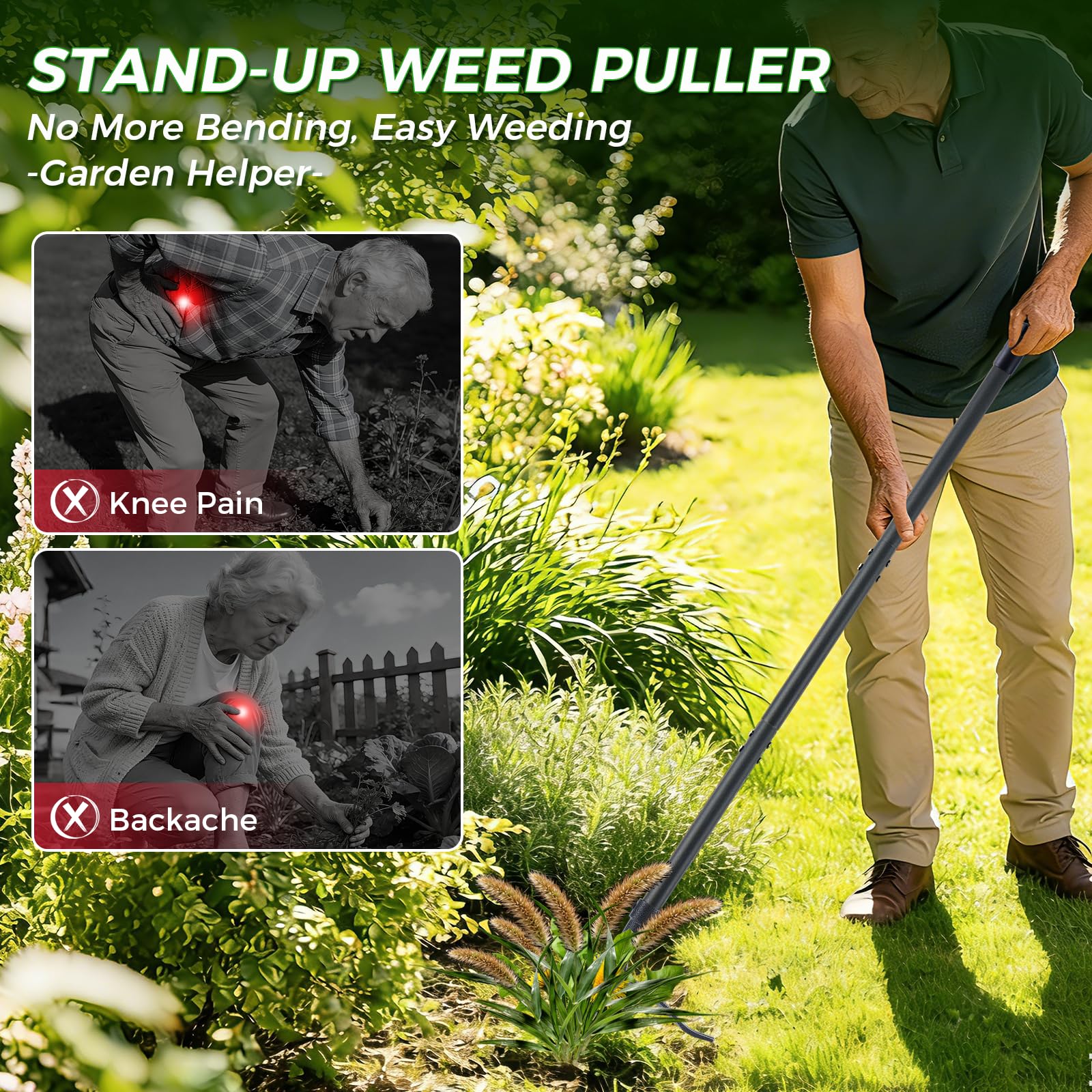 RexWeed adjustable 46-inch handle fits users of all heights.