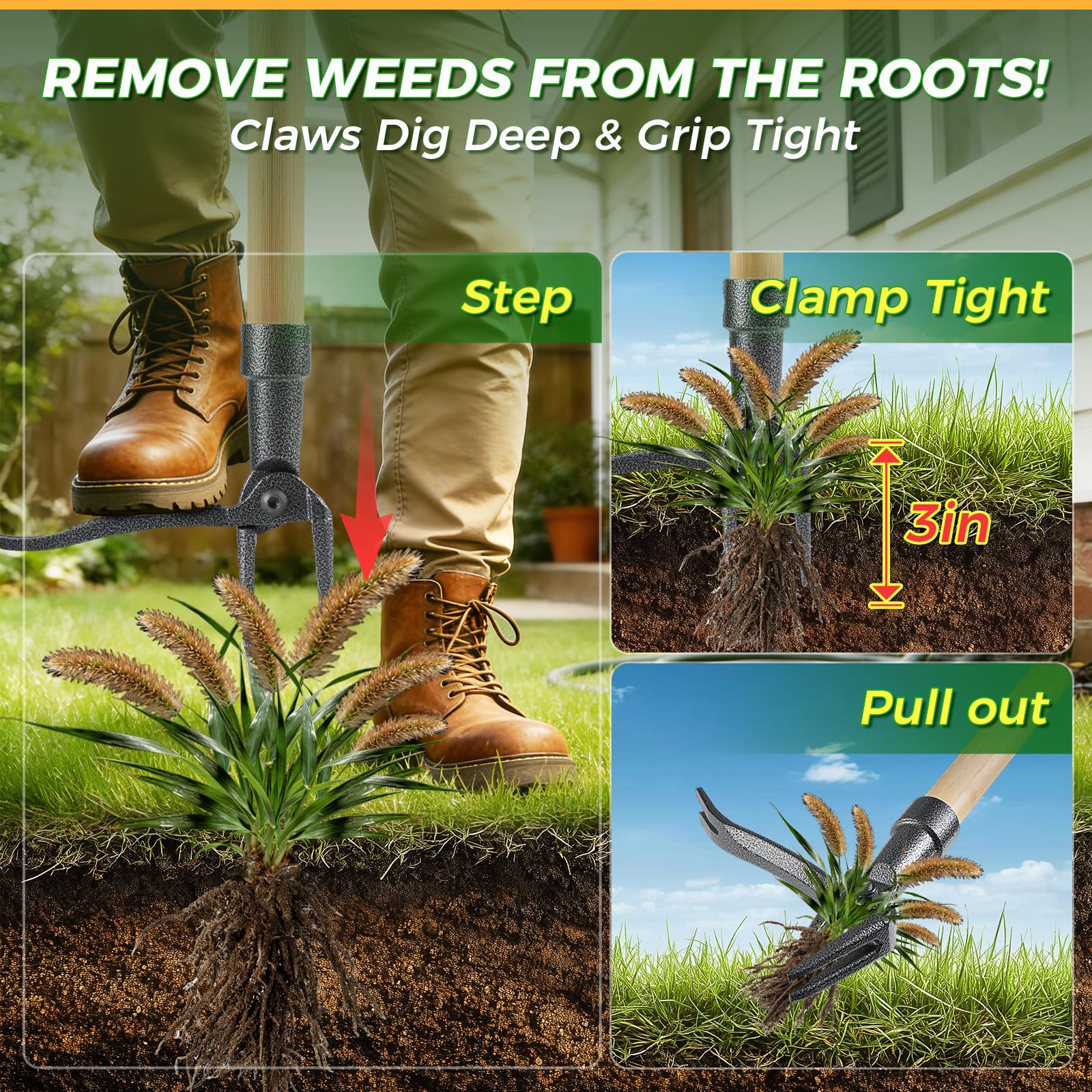 RexWeed long-handle ergonomic design reduces bending strain