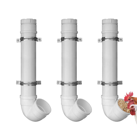 Rexwnadu 3-pack PVC chicken feeder mounted on coop wall to minimize waste.