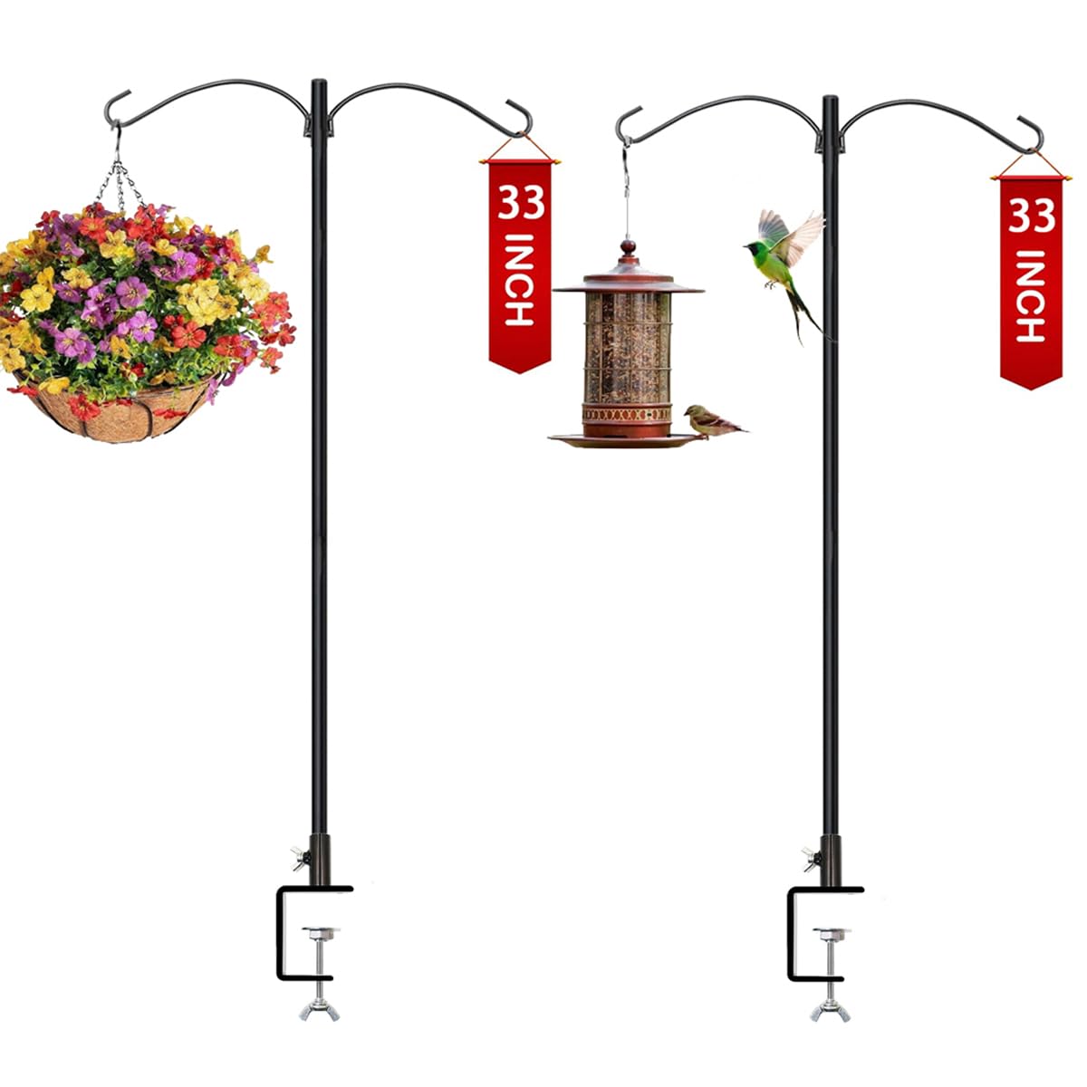 Rexwnadu 33-inch deck hook on railing holds bird feeder securely.