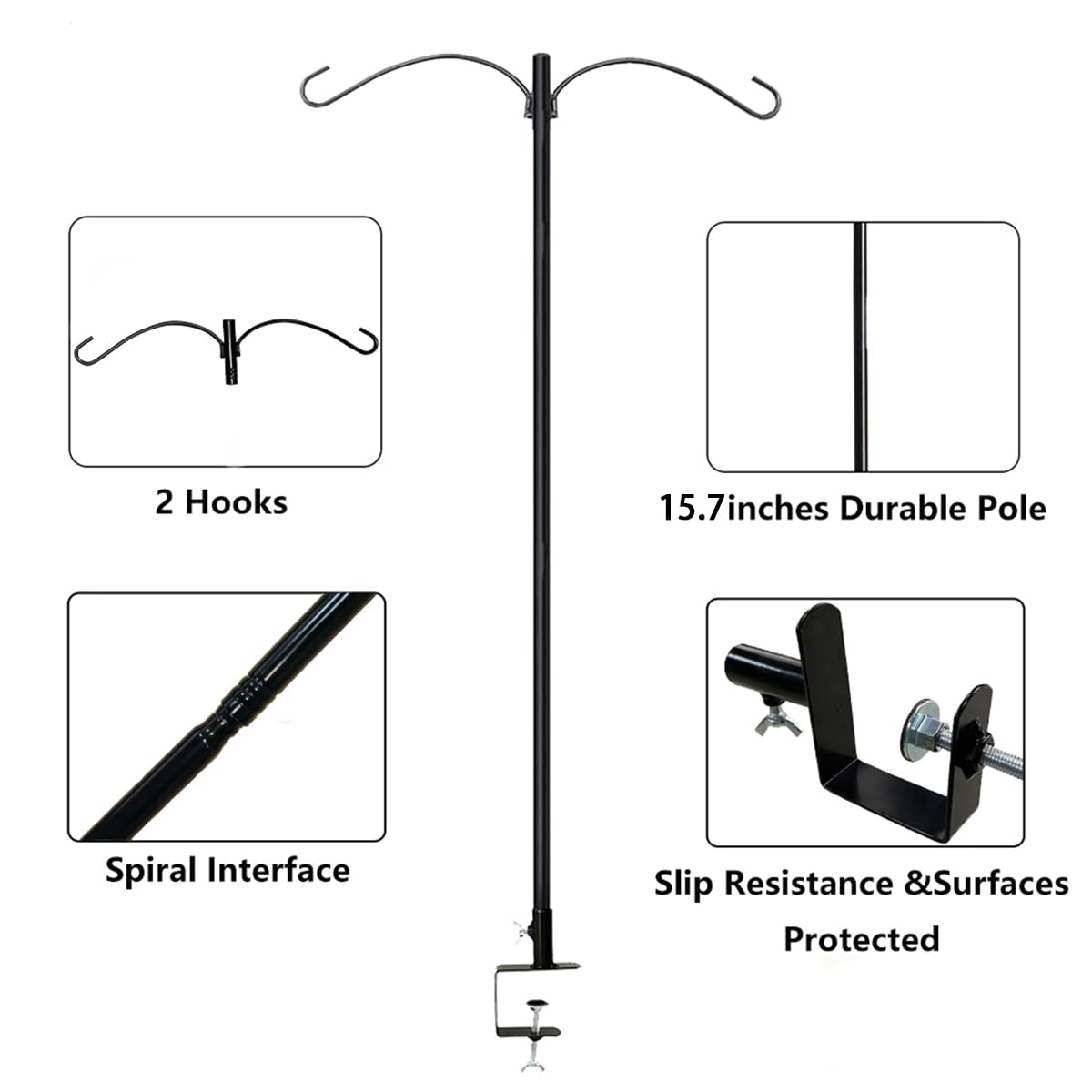 Rexwnadu deck hook elevates small flower baskets on railing.
