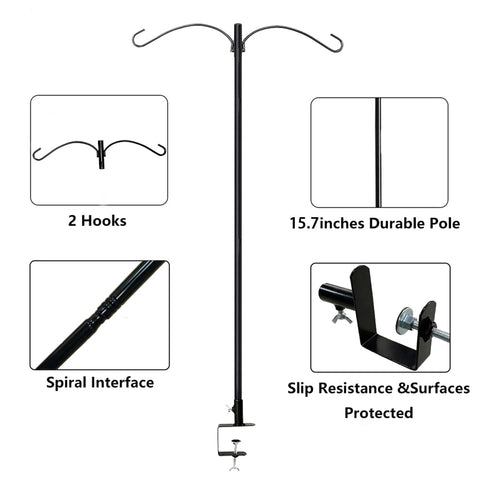 Rexwnadu deck hook elevates small flower baskets on railing.