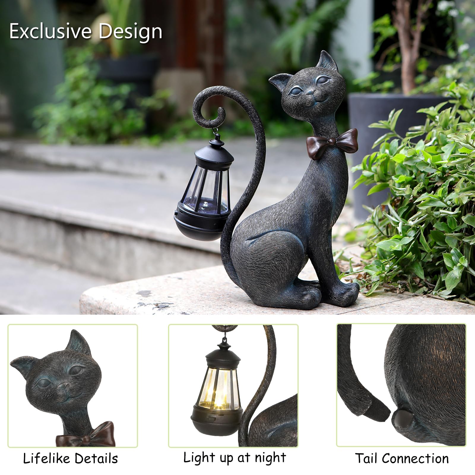 REYISO verdigris patina cat statue accents garden beds and entryways.