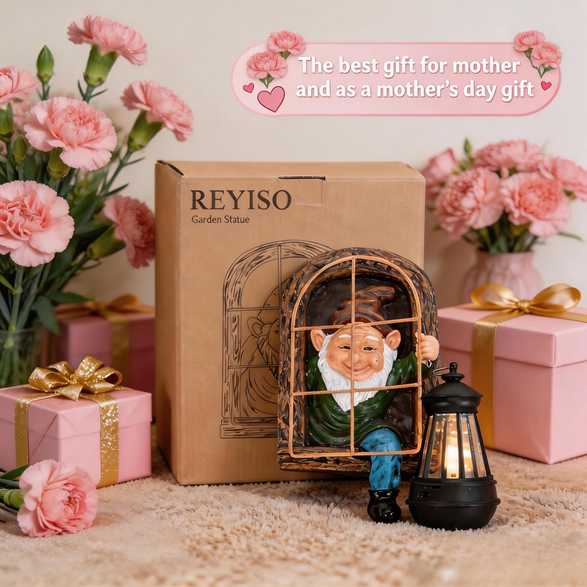 REYISO tree hugger gnome swinging window adds whimsy to outdoor trees.