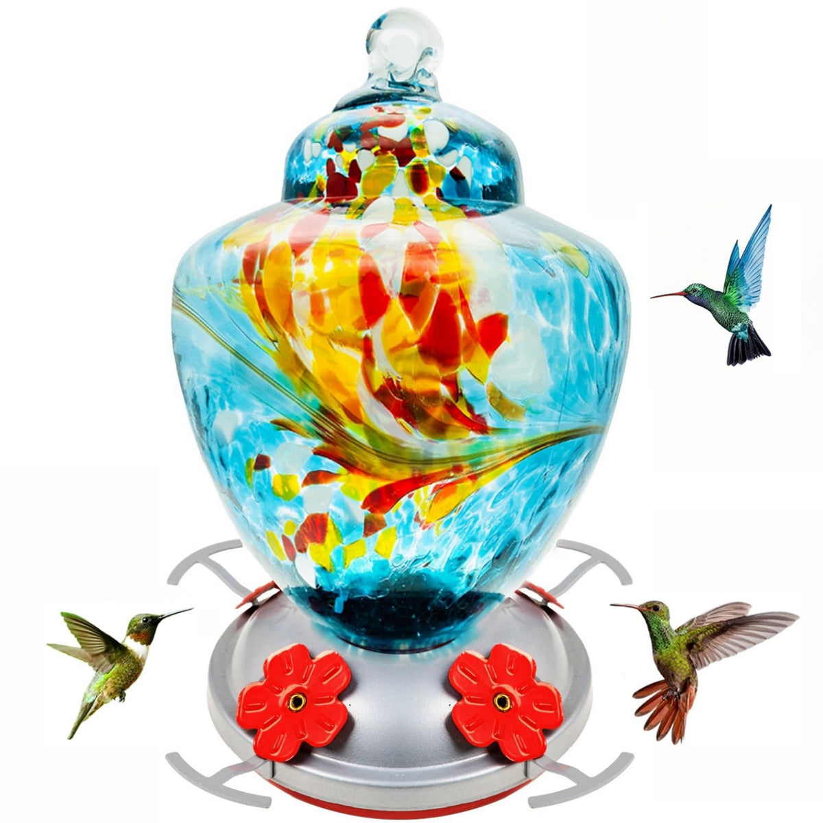 REZIPO hummingbird feeder blue hand blown glass showcases vibrant beauty for nectar feeding.