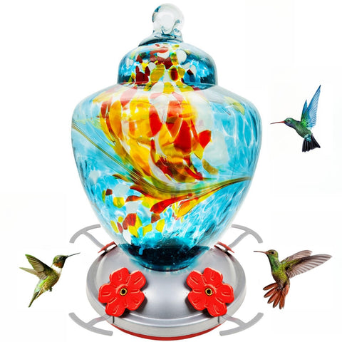 REZIPO hummingbird feeder blue hand blown glass showcases vibrant beauty for nectar feeding.