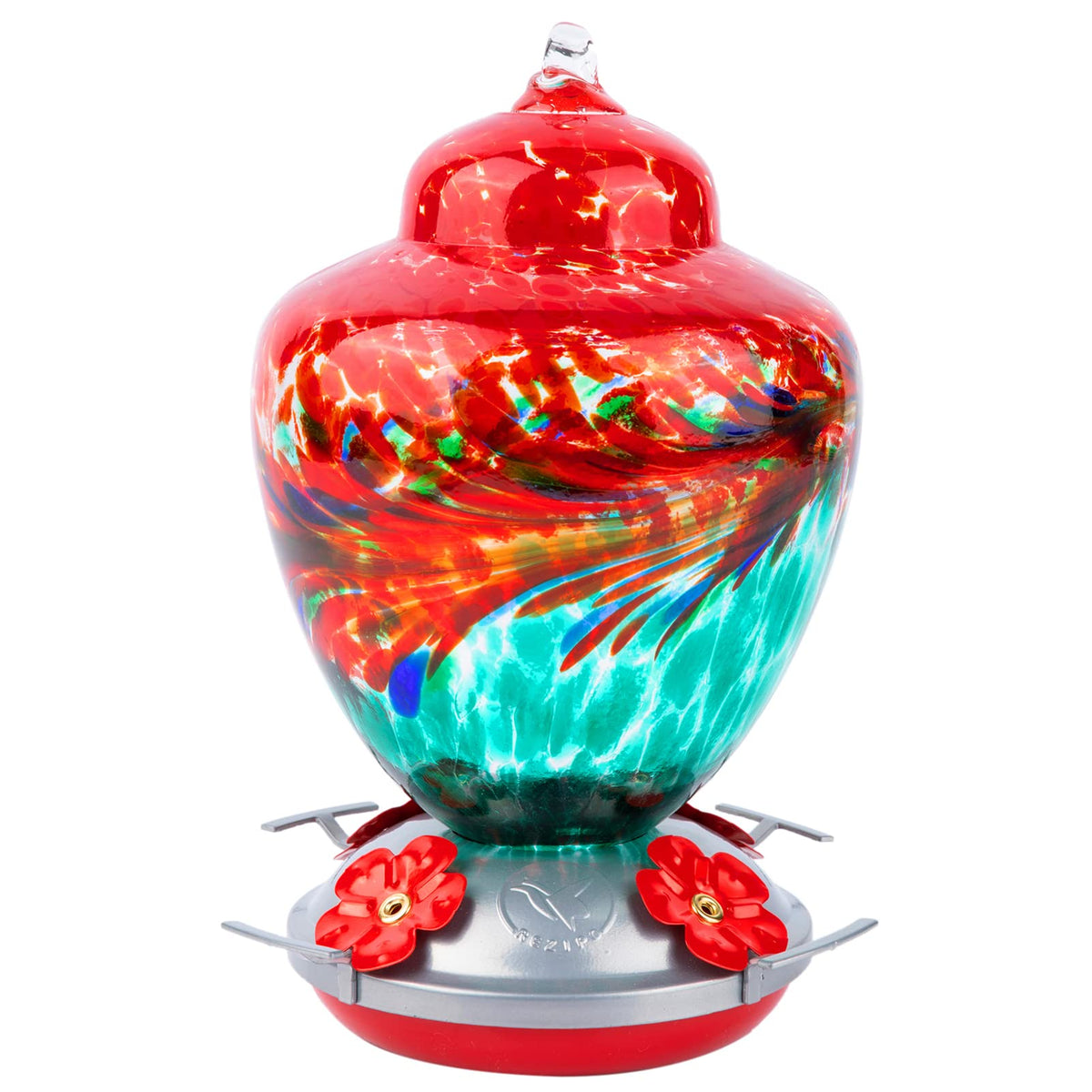 REZIPO hummingbird feeder with perch, hand-blown glass, clear nectar view for easy refills