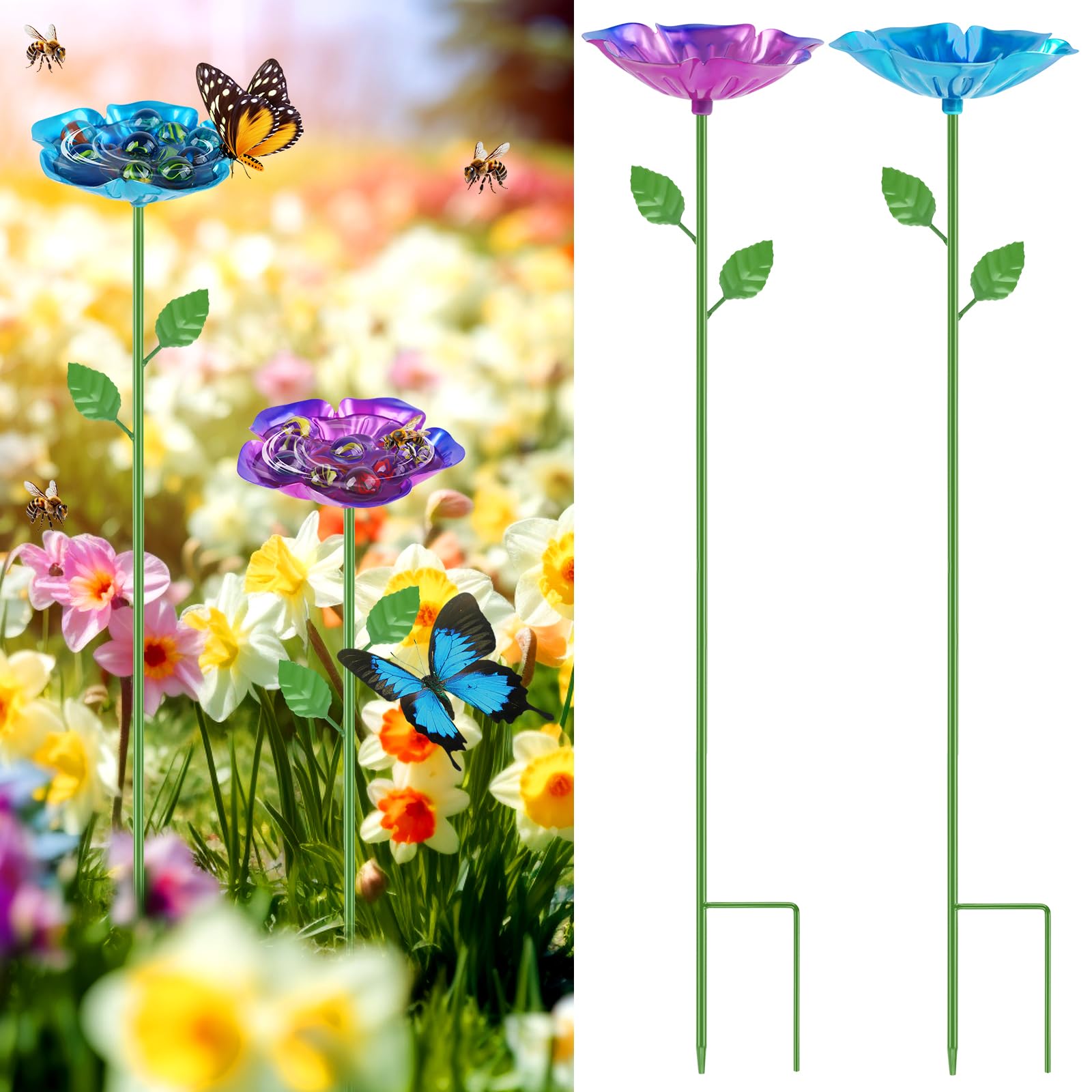 RGJ 2-pack bee watering station with flower design attracts pollinators in the garden.