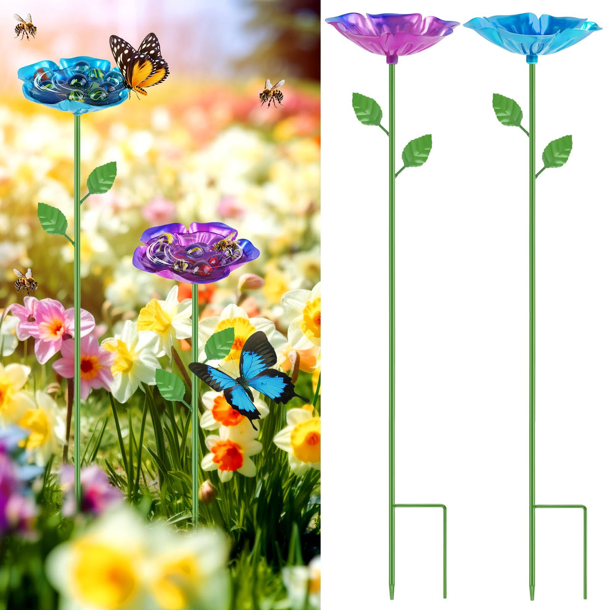 RGJ 2-pack bee watering station with flower design attracts pollinators in the garden.