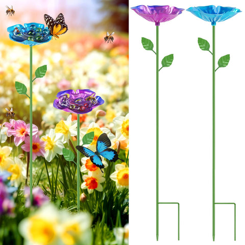 RGJ 2-pack bee watering station with flower design attracts pollinators in the garden.