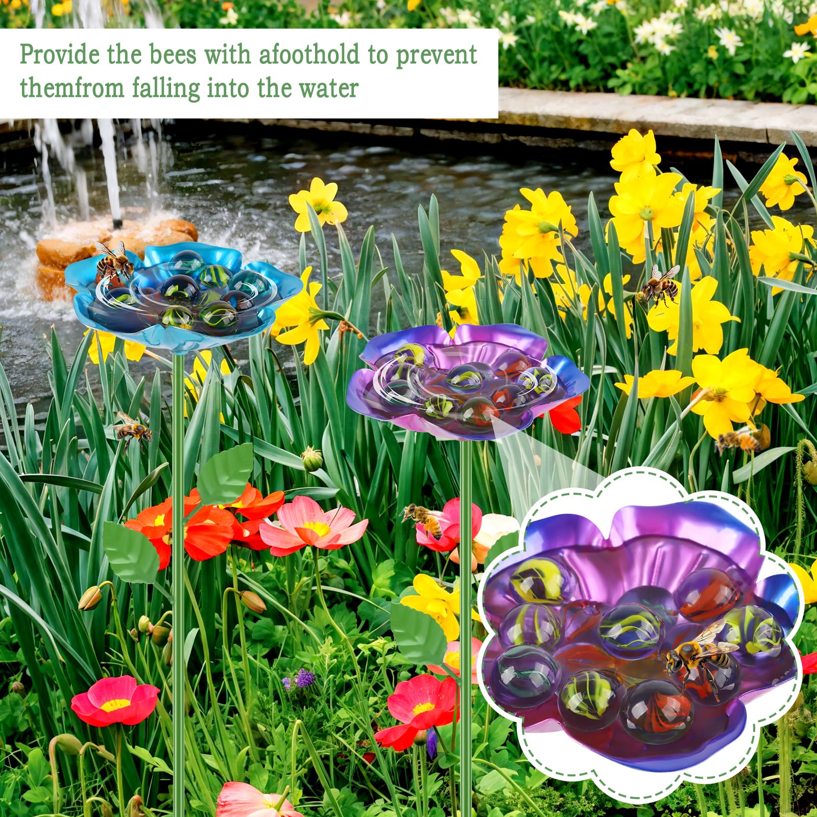 RGJ colorful garden bee water station decor blends with outdoor spaces.