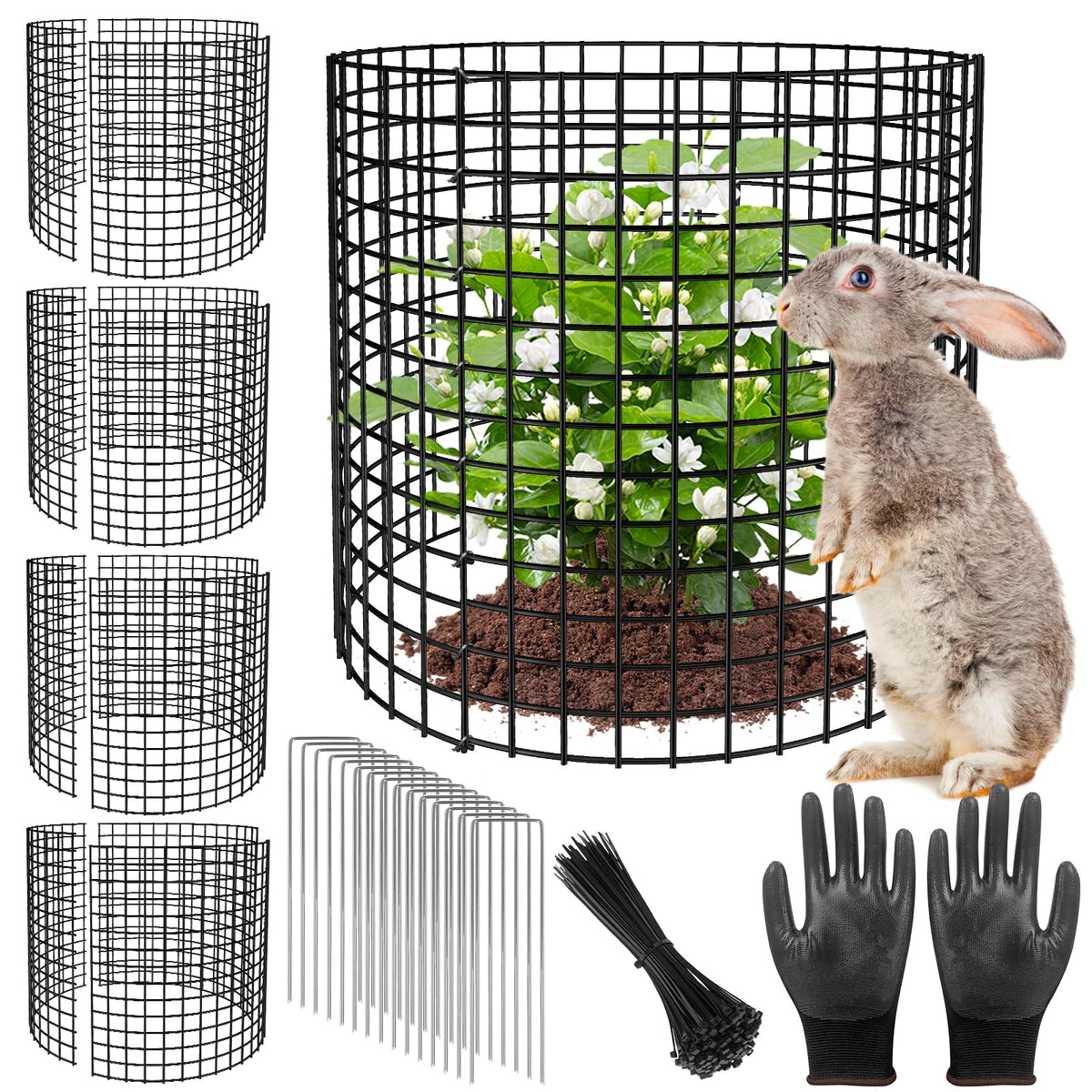 RGJ plant protector assembly shows flexible mesh shielding seedlings.