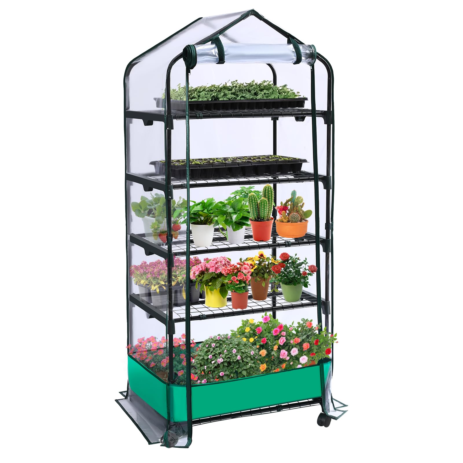 RHAHA five-tier greenhouse frame with wheels for easy relocation on patio
